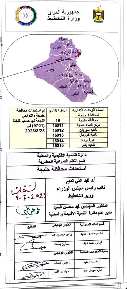 وزارت برنامهریزی عراق نقشهی مرزبندی استان حلبچه را تصویب کرد